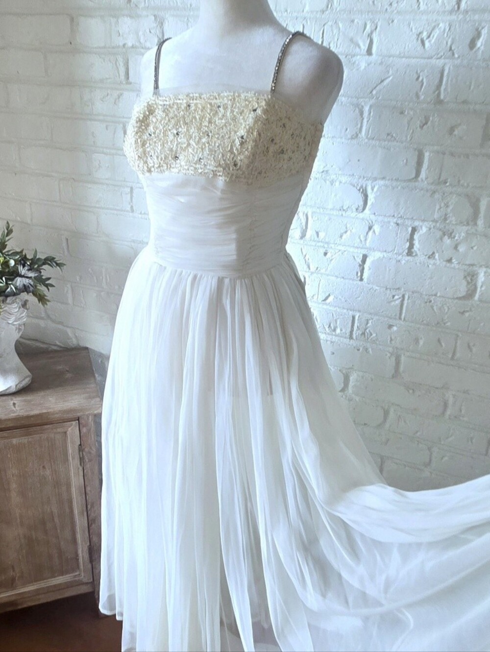 Vtg 50s 60s Rhinestone Studded Party Dress, Bridal, Wedding, Flowy, 2/4